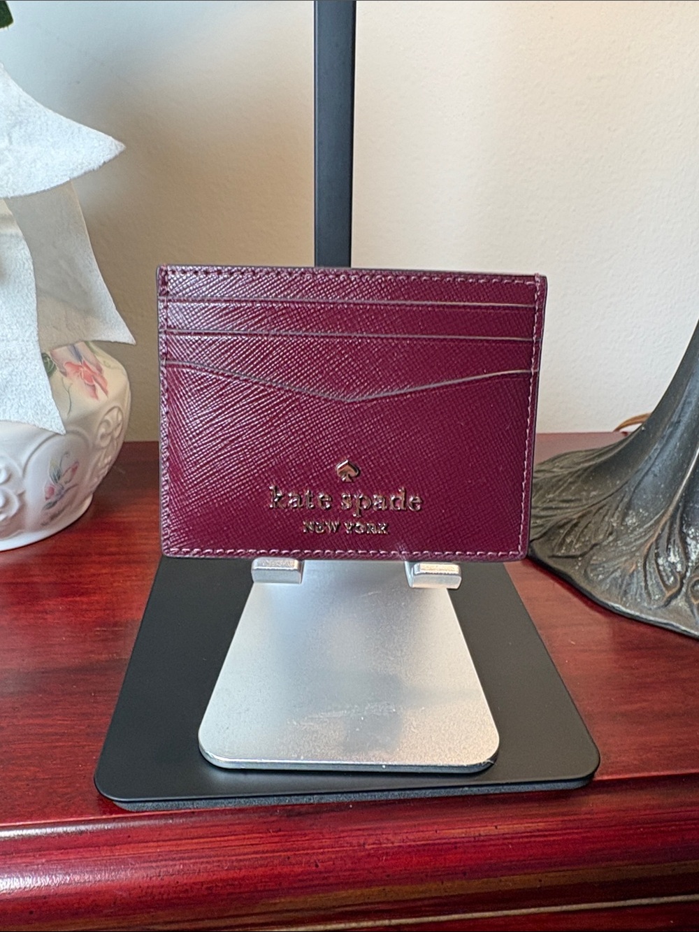 NWT kate spade Burgundy Saffiano Card Case with Gold Logo